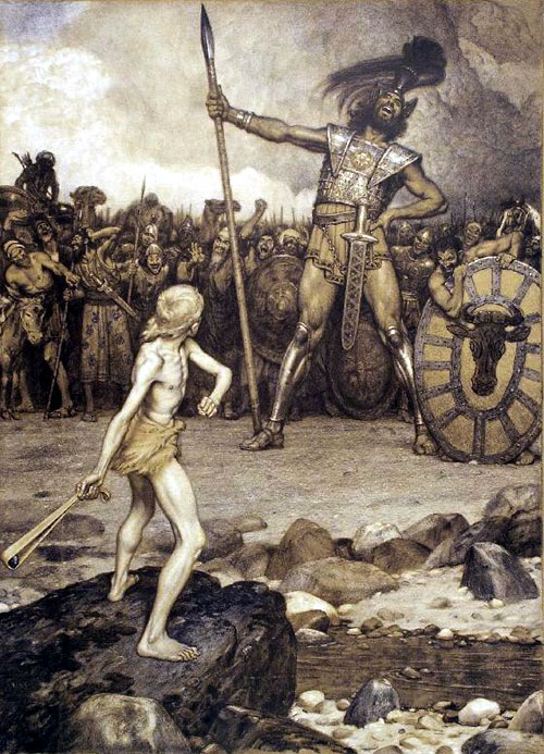 巨人兵士ゴリアテと少年ダビデの戦い