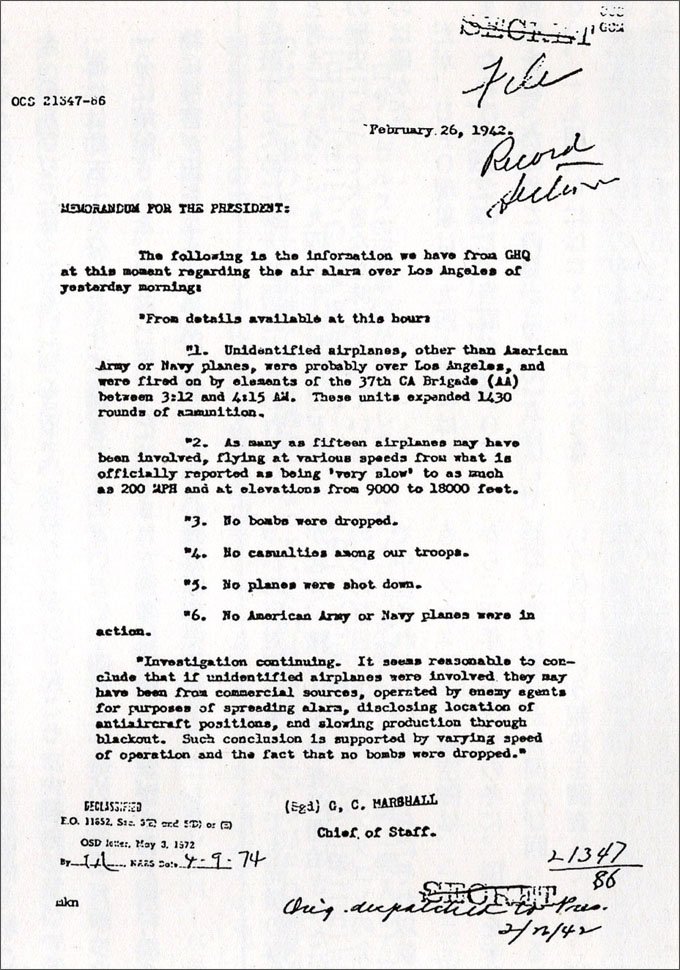 ジョージ・C・マーシャル陸軍参謀総長が、フランクリン・ルーズベルト大統領宛に報告した極秘覚書の文書